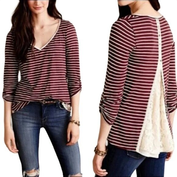 Anthropologie Tops - Anthropologie Meadow Rue Cassia Maroon Stripes Lace Top